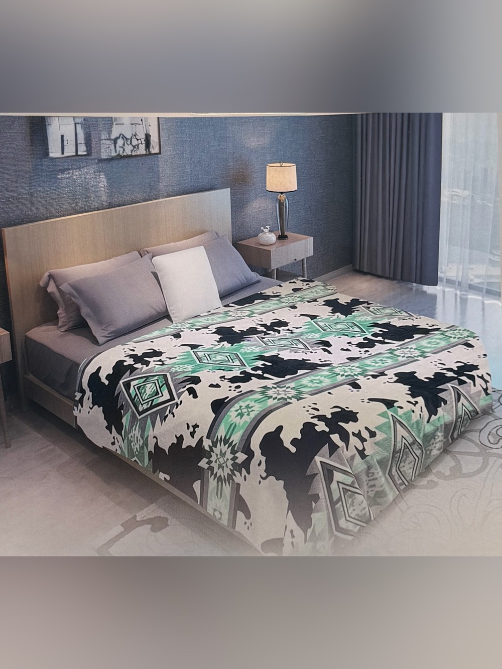 New king size flannel blanket cowhide and Aztec Print - Mint & Black and white